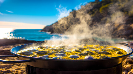 Artisanal paella pan with golden saffron rice and fresh seafood, celebrating Spain's National Day with Mediterranean coastal hues.
