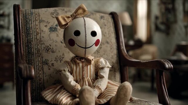 Eerie handmade doll with button eyes sitting on vintage floral armchair. Creepy toy concept for horror film or Halloween decoration. Spooky atmosphere in dimly lit room.