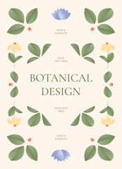 Minimal floral layout with symmetrical green leaves, yellow flowers, blue buds, and red berries on soft background. Vector illustration for botanical greeting card, poster or invitation.