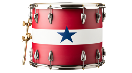 Red snare drum with white stripe and blue star emblem against white background, cut out transparent