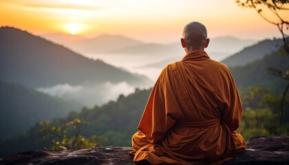 Fototapeta premium Monk meditating at sunrise over misty mountains