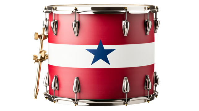 Red snare drum with white stripe and blue star emblem against white background, cut out transparent - Powered by Adobe