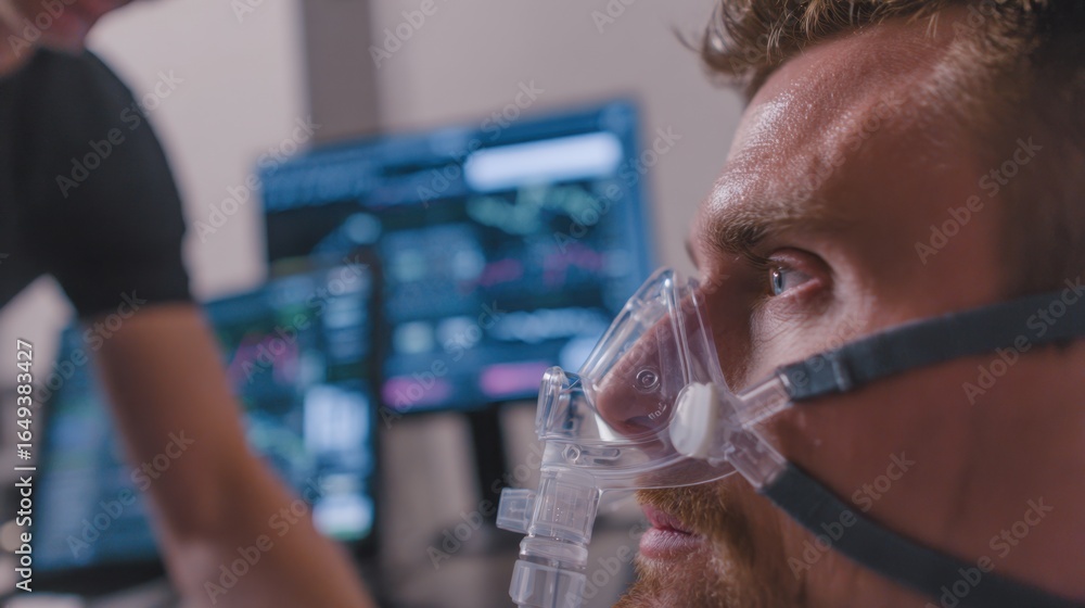 Poster medium shot of scientist adjusting oxygen intake device on test subjects face emphasizing precision 