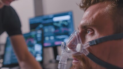 Medium shot of scientist adjusting oxygen intake device on test subjects face emphasizing precision in antiaging VO2max assessment with blurred monitors behind.