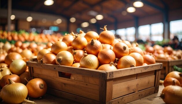 Onion – Whole yellow onions with brown skins, stacked in a grocery bin - Powered by Adobe