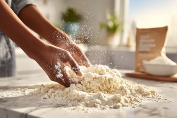 Hands kneading dough, flour flying