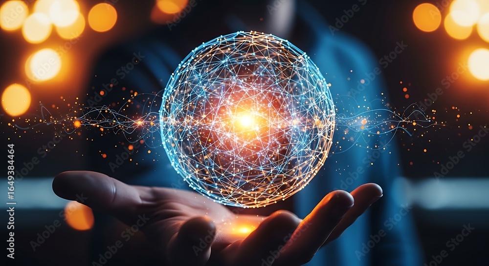 Poster person's cupped hands holding a glowing abstract sphere of interconnected lines and light particles 