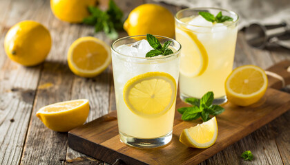 Two glasses of refreshing lemon soda with ice, with lemons and mint on a wooden table outdoors.