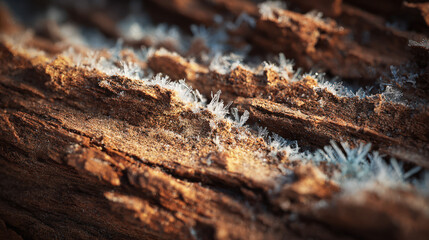Frosty crystals on weathered wood forest nature close-up rustic textured seasonal beauty