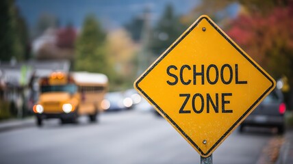 Yellow diamond-shaped school zone sign close-up with school bus slowly entering community street, safety focus