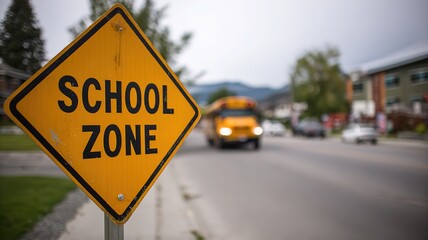 Close-up yellow diamond-shaped school zone warning sign with school bus in blurred community street background
