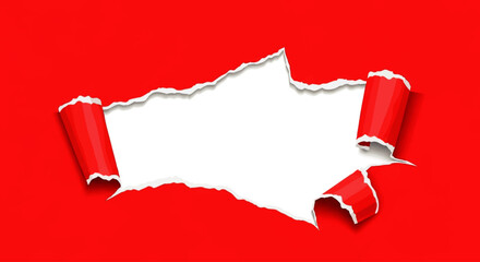 Red paper with a ripped-out white section, showing torn edges.