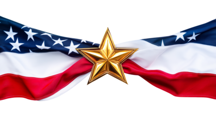 Golden Star Centered on Wavy American Flag Against White Background, cut out transparent