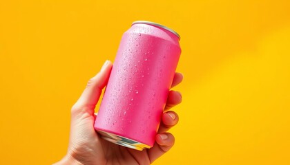 Dewy pink soda can held in a hand, sunny yellow background, hand,  beverage