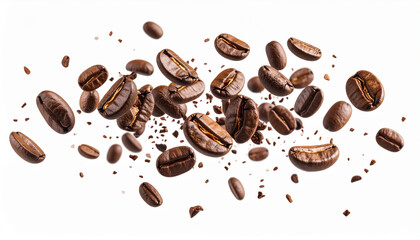Scattered roasted coffee beans across a white background