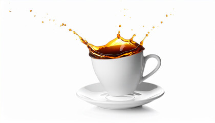 Espresso cup with splash and drop on white background