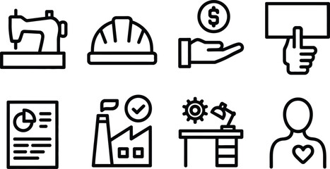 Industry Icon Set Sewing Machine, Hardhat, Investment, Protest, Data, Factory Icon