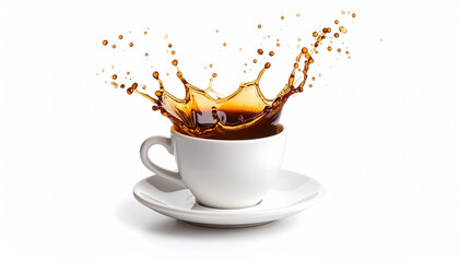 Espresso cup with splash and drop on white background