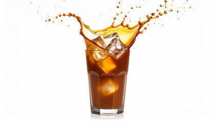Splash cold coffee with milk and ice in glass on white background