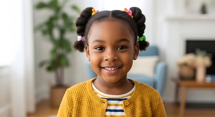 Close up portrait of a happy african american girl with braided hair smiling at the camera in a domestic setting with a blurred background