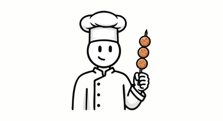 Smiling chef in toque proudly presents a skewer of three perfectly browned meatballs.