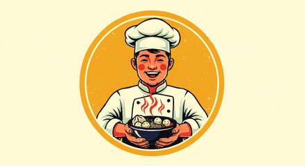 Smiling chef in a circle design, holding a steaming bowl of food.