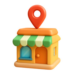 Charming Storefront with Location Pin in a 3D Cartoon Style with a Transparent Background for Digital Designs and Applications