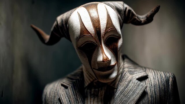 Eerie clown mask with horns in dark shadows. Creepy horror character for Halloween. Scary theatrical costume and makeup concept for haunted house or circus themed events.