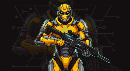 A futuristic soldier in yellow and grey armor holding a weapon, ready for combat.