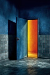 A vibrant, dramatic doorway in a dimly lit room
