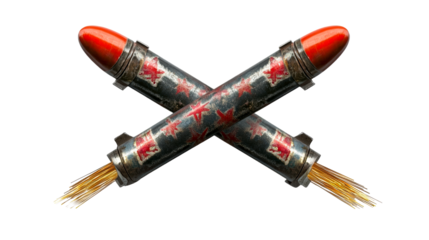 Two crossed rockets with red stars and worn metal texture, cut out transparent