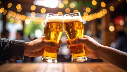 The clinking of two glasses filled with golden beer celebrating