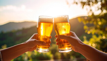 The clinking of two glasses filled with golden beer celebrating