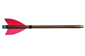 Wooden arrow with red fletching and brass tip on white background, cut out transparent