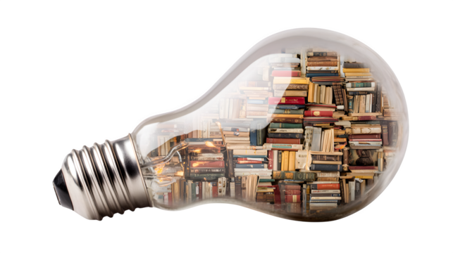 Light bulb filled with tiny books, idea and knowledge combined