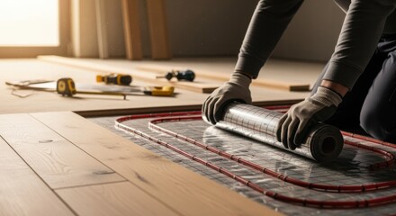 Worker rolling out radiant heating film under hardwood floor during apartment remodel demonstrating ecofriendly heating installation.