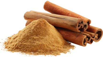 Cinnamon sticks and powder in a wooden spoon isolated on a white background