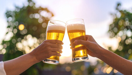 The clinking of two glasses filled with golden beer celebrating