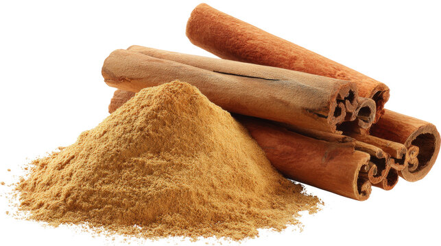 Cinnamon sticks and powder in a wooden spoon isolated on a white background
