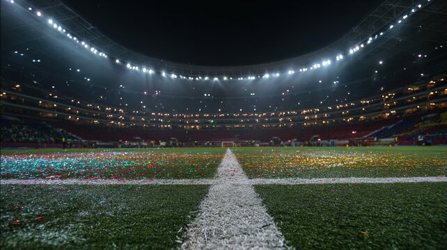 Wide view of empty soccer stadium at dusk with turf confetti, blurred stands and season finale energy