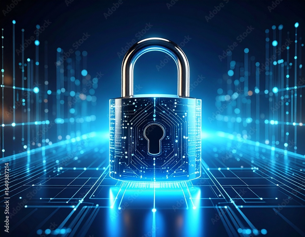 Poster cybersecurity theme with digital padlock and glowing circuitry design