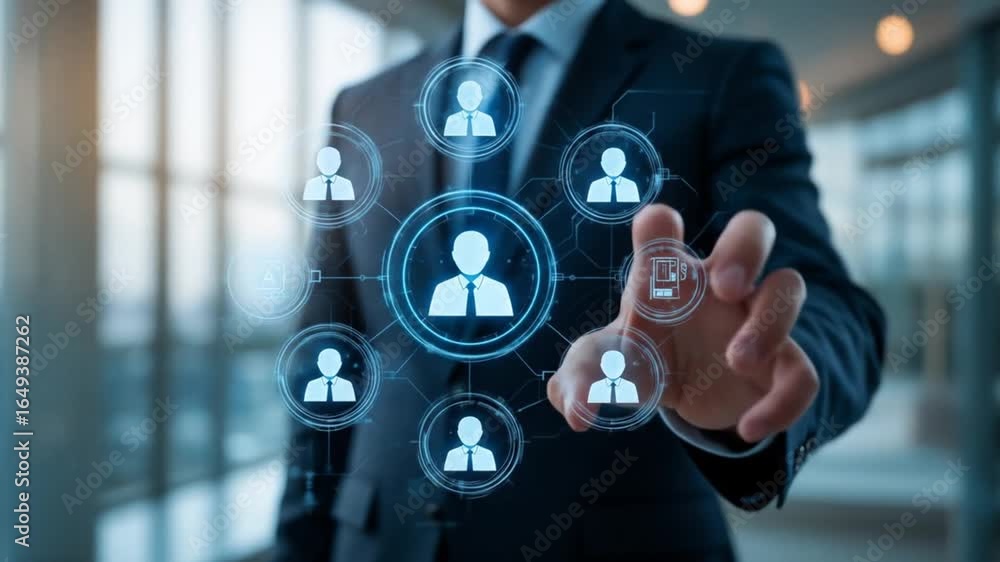 Aufkleber man using mobile payment holding circle icon global network connection. 4k video