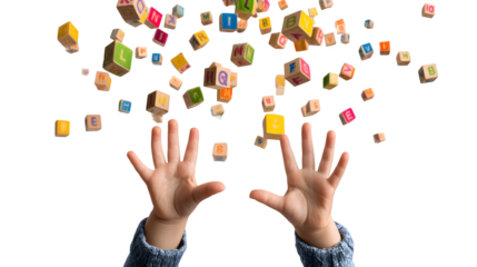 Little hands reaching toward alphabet blocks floating upward