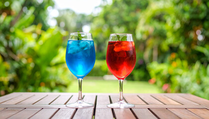 Two artistic glasses with red and blue alcoho