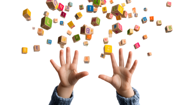 Little hands reaching toward alphabet blocks floating upward