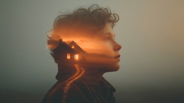 Young man looking up, double exposure with a glowing house at sunset captured in a misty atmosphere