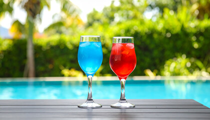 Two artistic glasses with red and blue alcoho