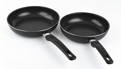 Two black frying pans on white background