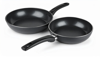 Two black frying pans on white background