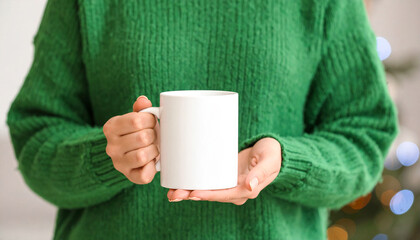 Woman in Sweater Holding a White Mug